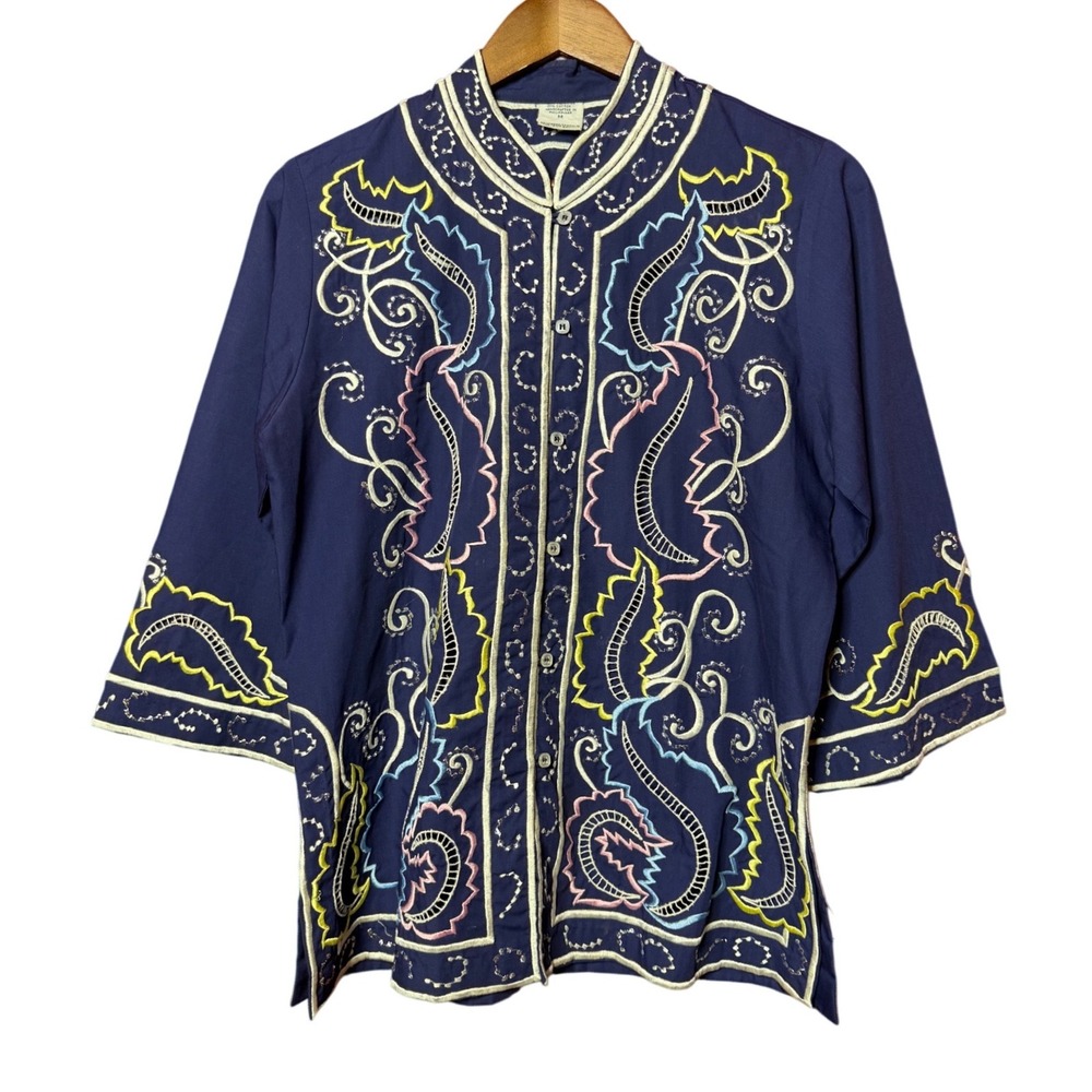 Vintage Women Medium Handcrafted Embroidered Tunic Top Navy Blue Paisley Cut-out